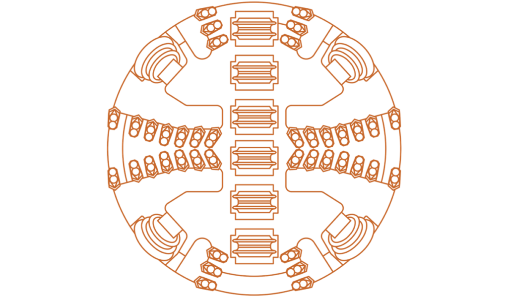 Diagram: MTBM cutter head with a mix of disk cutters and chisel teeth